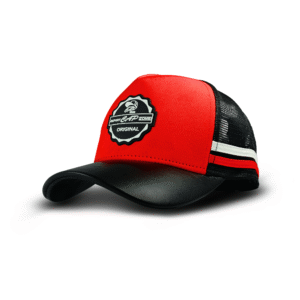Red Twill Mesh Cap with Black Leather Visor- Export Cap Zone